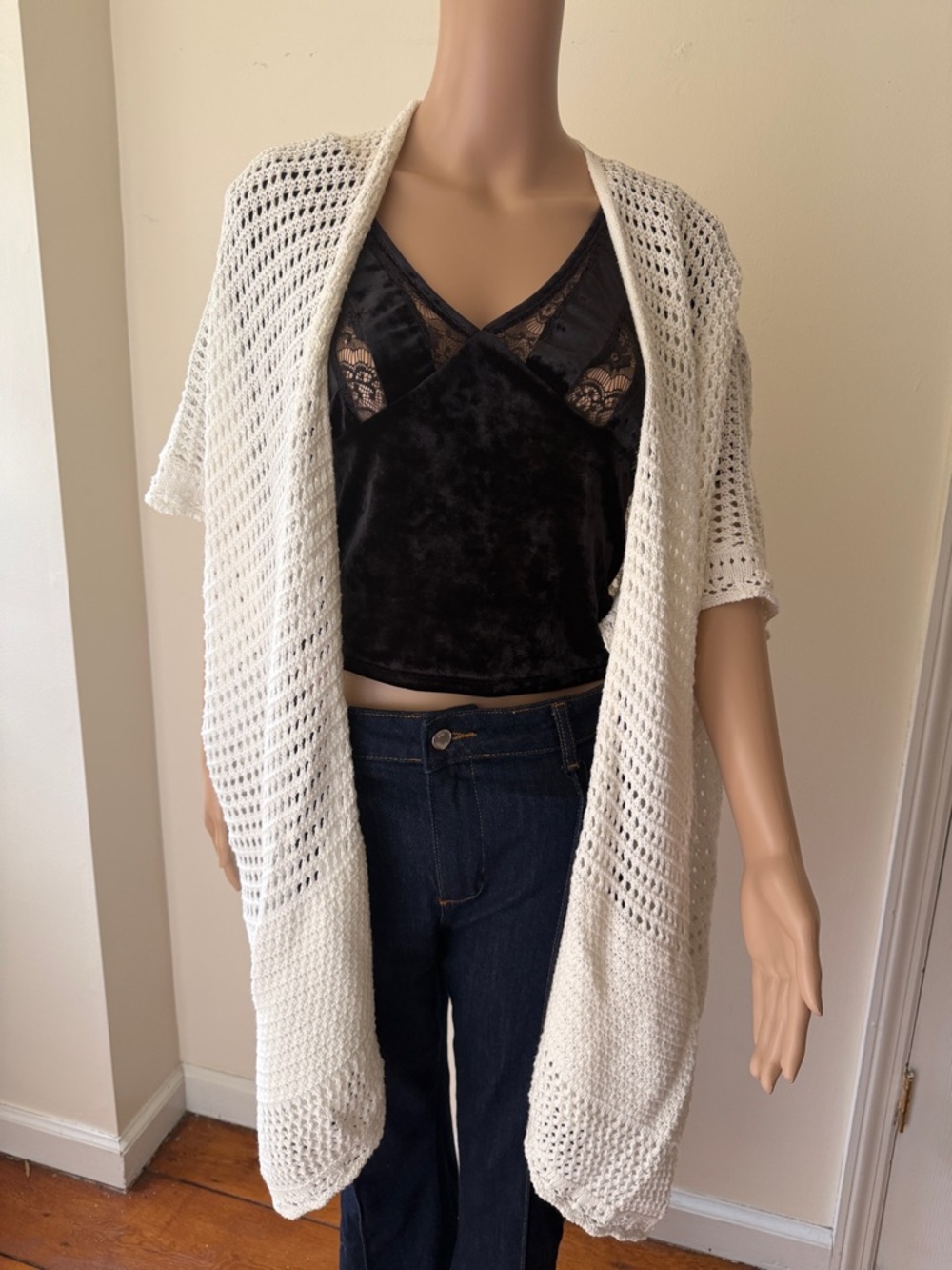 Open-Knit White Short-Sleeve Cardigan Sweater